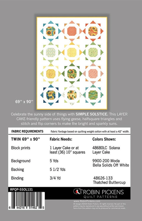 Robin Pickens Simple Solstice Layer Cake Friendly Twin Size Quilt Pattern 69 x 90