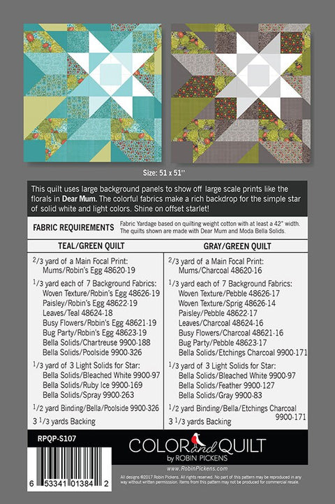 Robin Pickens Starlet Offset Star Wall Lap 26 38 51 Square Quilt Pattern 3 Sizes in 1