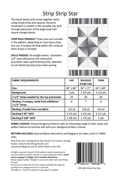 Hunter's Design Studio HDS Strip Strip Star Jelly Roll Strip Pre Cut Friendly Printed Modern Quilt Pattern 3 Sizes in 1 Throw Lap Twin