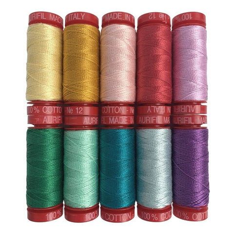 Aurifil Big Stitch Hand Quilting Collection Sarah Fielke Rainbow Blue Pink Red Green Cotton Mako 12 Weight Wt 50M 54 Yards Spool Set of 10