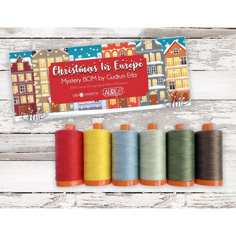 Aurifil Christmas in Europe Gudrun Erla Cotton 50 Weight Wt Green Blue Red Large Spool Quilting Thread Set of 6 GE50CE6