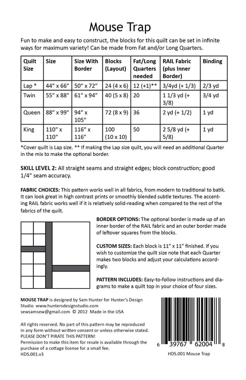 Hunter's Design Studio HDS Mouse Trap Precut Friendly 1/4 Yard Fat Quarter Printed Modern Quilt Pattern 4 Sizes